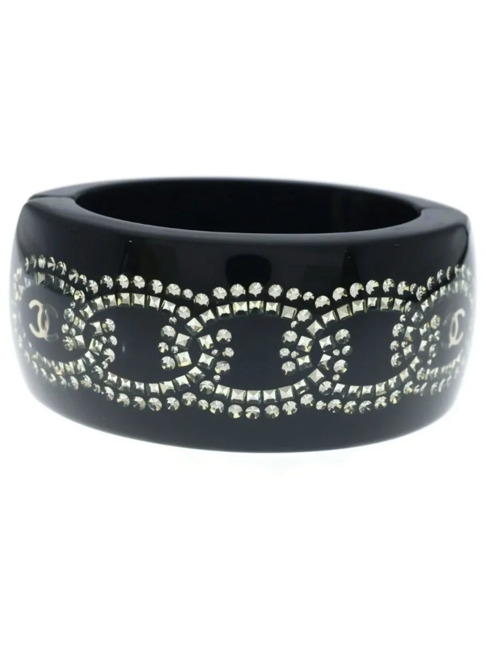Chanel CC Logo Rhinestone Bangle Bracelet Black